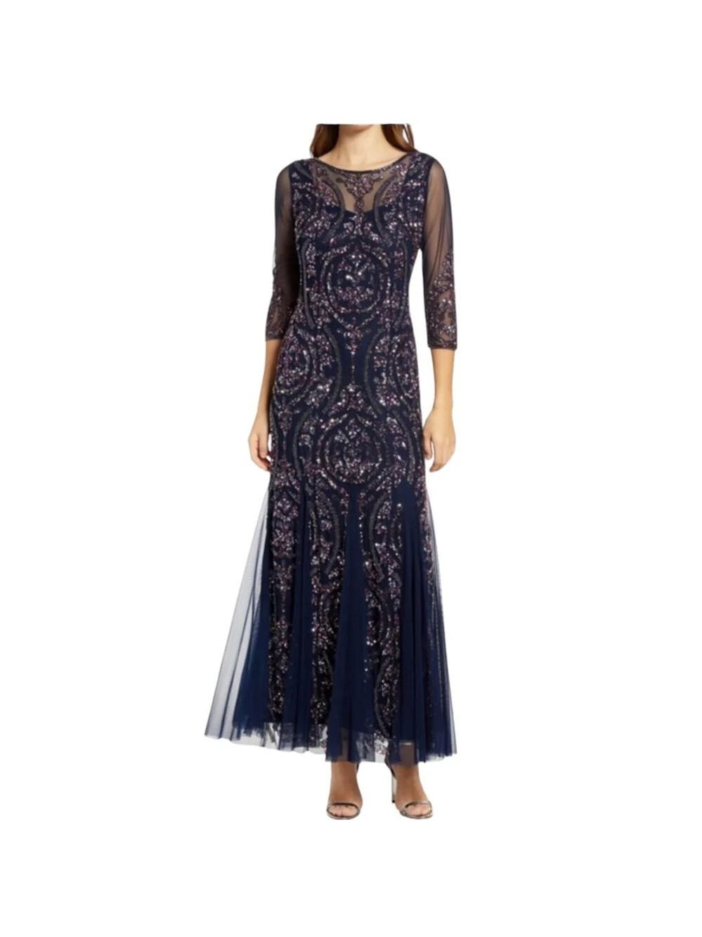 PISARRO NIGHTS Sequin Beaded Illusion Gown In Navy Sz 10